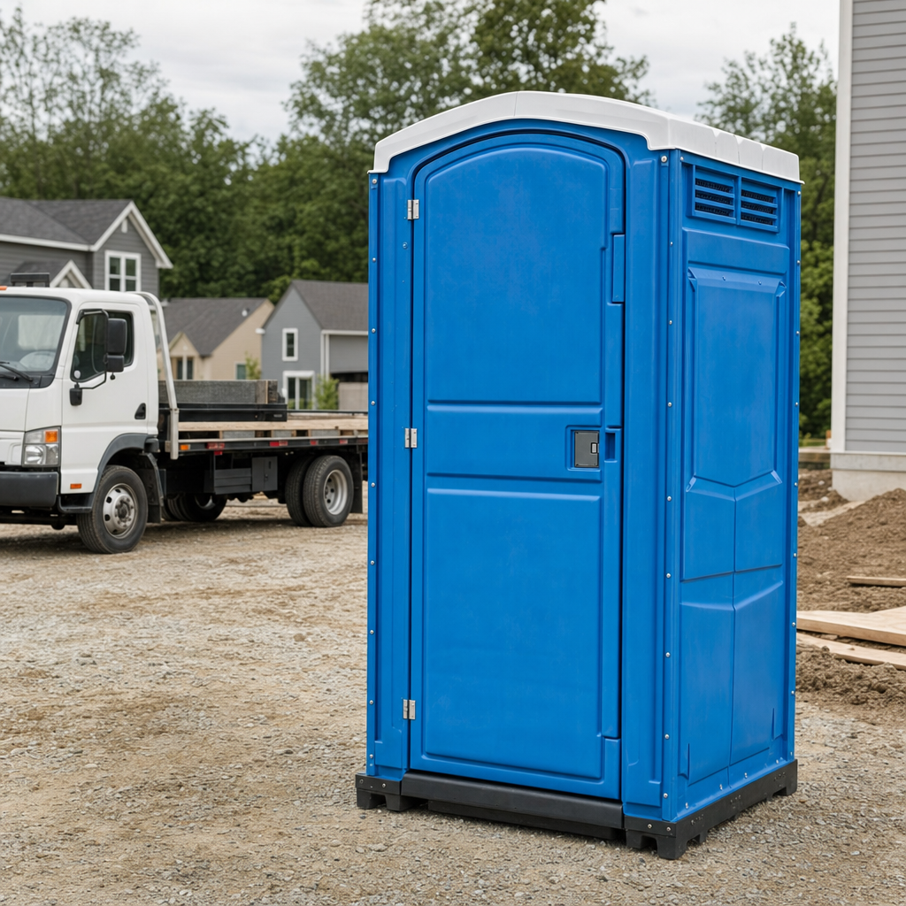 Delivery driver positioning a clean royal-blue portable toilet on level ground at a Lee's Summit worksite
