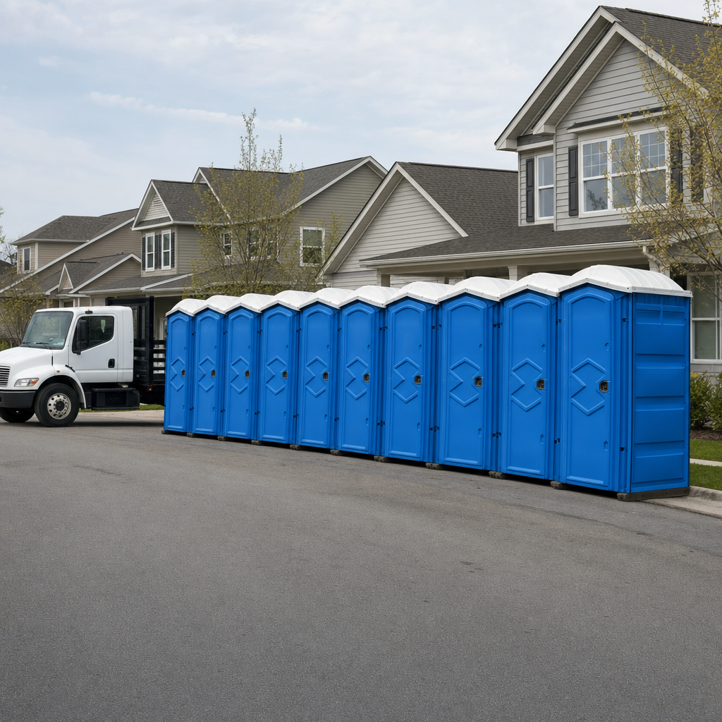 Royal blue portable toilets staged in a tidy row at a Lee's Summit jobsite, ready for delivery