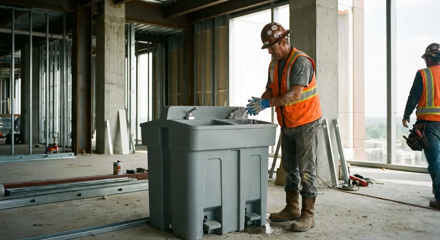 A dual-basin hand wash station positioned on a concrete floor of a high-rise construction site with the city skyline visible through open steel framing. in Lee's Summit, MO
