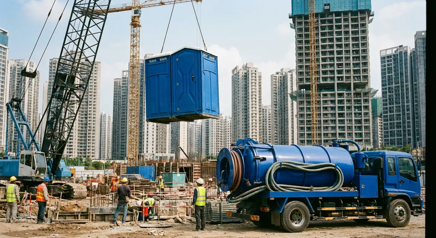 A High-Rise Crane Liftable Toilet unit suspended in mid-air by a crane against a city skyline during the day, showcasing the steel sling attachment. in Lee's Summit, MO