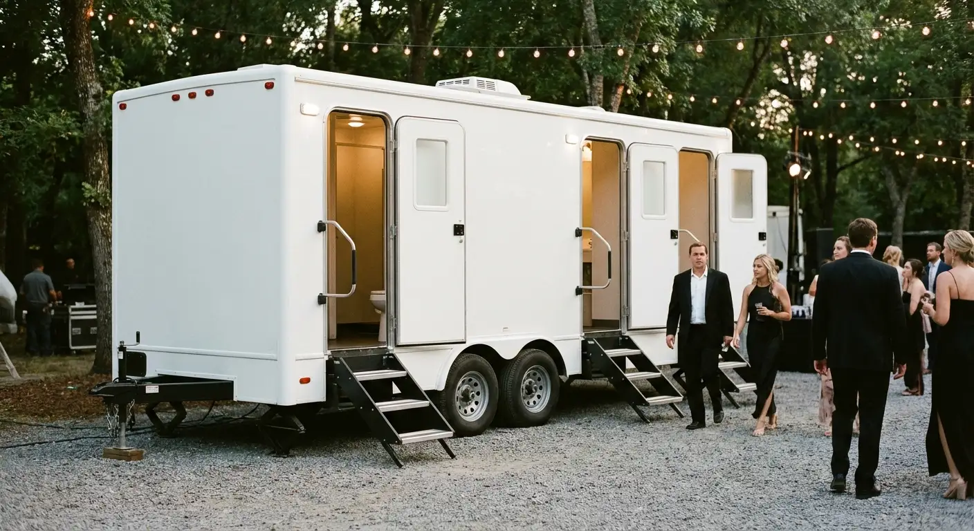 Exterior of a Luxury Restroom Trailer at an evening event, warm lighting spilling from the door, positioned discreetly near a manicured lawn. in Lee's Summit, MO