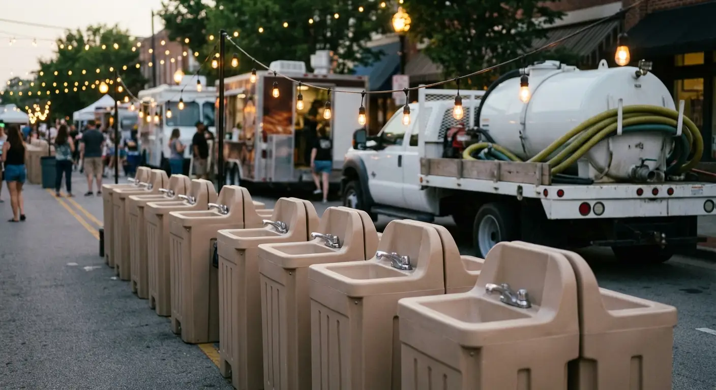A row of clean, grey portable hand wash stations set up on pavement near food trucks, with blurred festival lights and crowd in the background. in Lee's Summit, MO
