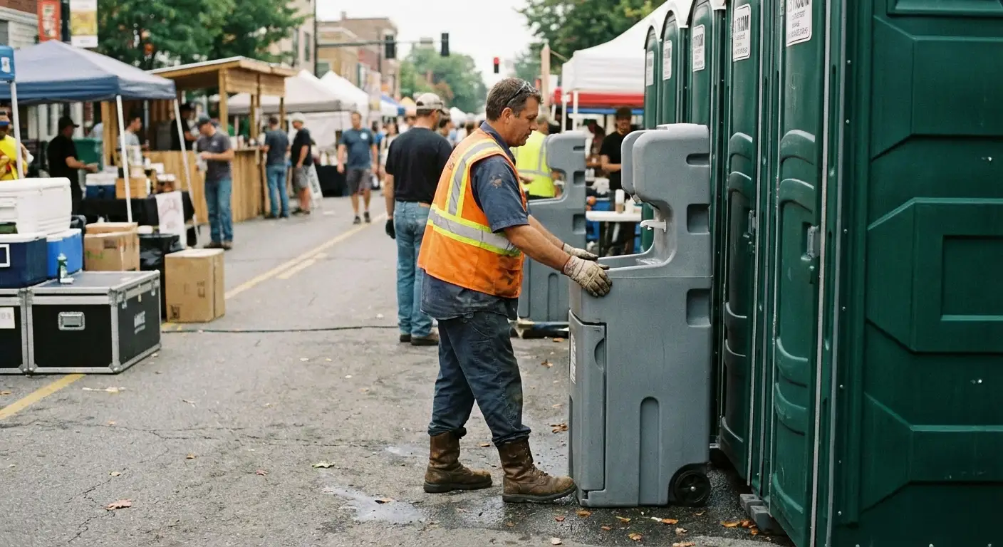 A row of pristine Special Event Portable Restrooms and hand wash stations lined up along a festival barrier with blurred crowds in the background. in Lee's Summit, MO