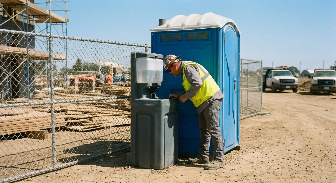 A close-up view of a portable hand wash station next to a portable toilet on a dirt construction site, focusing on the foot pump mechanism. in Lee's Summit, MO